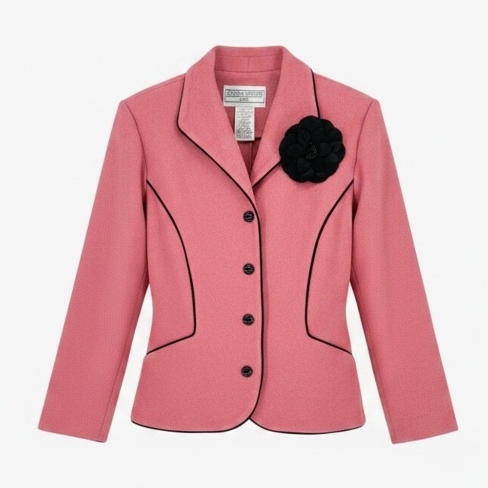 Vintage Jessica Howard Pink Blazer‎ Black Trim Flower Accent Crepe Coat 12P